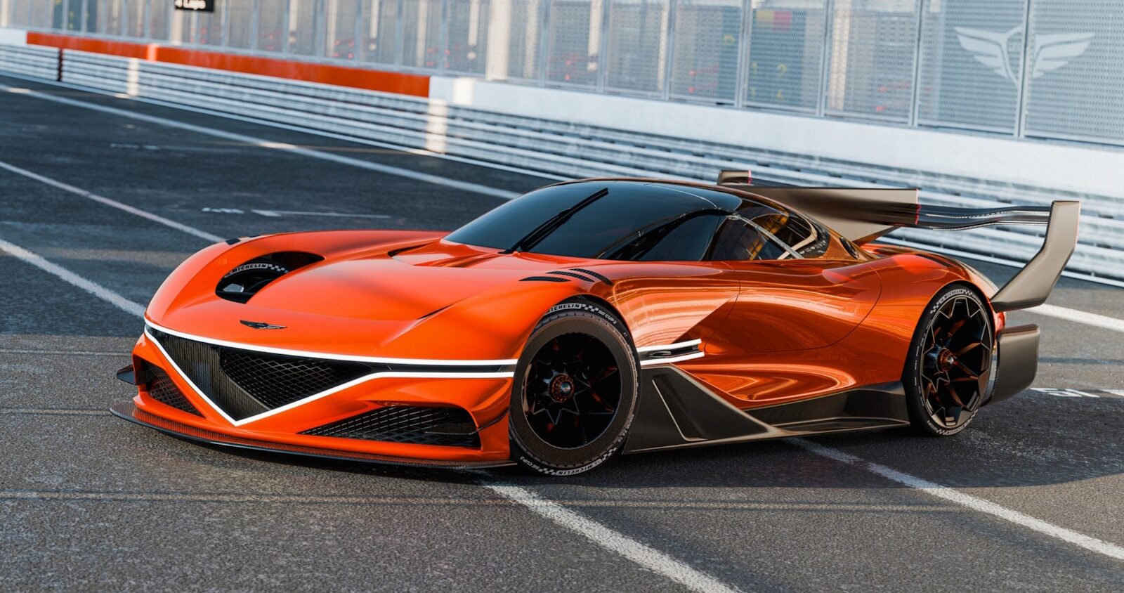 Photo by Hyundai Motor Group An orange sports car driving down a highway