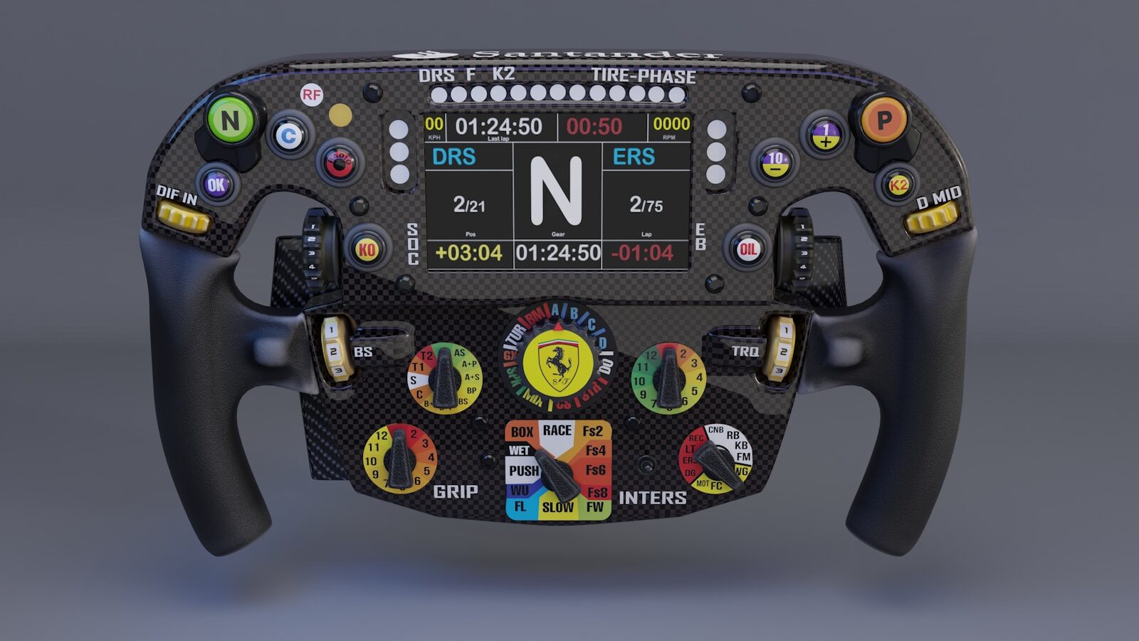 A detailed formula 1 steering wheel with many buttons.